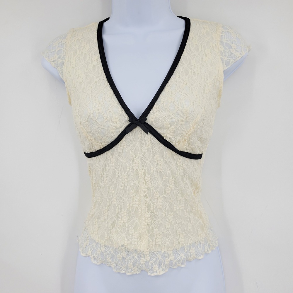 Cream Lace Bow Detail Babydoll Top XS Y2K Fairy Grunge Coquette Balletcore Girly